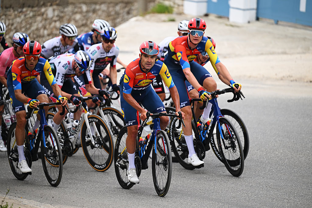 VLORE ALBANIA MAY 11 Jacopo Mosca of Italy and Team Lidl Trek leads the peloton during the 108th Giro dItalia 2025 Stage 3 a 160km stage from Vlore to Vlore UCIWT on May 11 2025 in Vlore Albania Photo by Dario BelingheriGetty Images