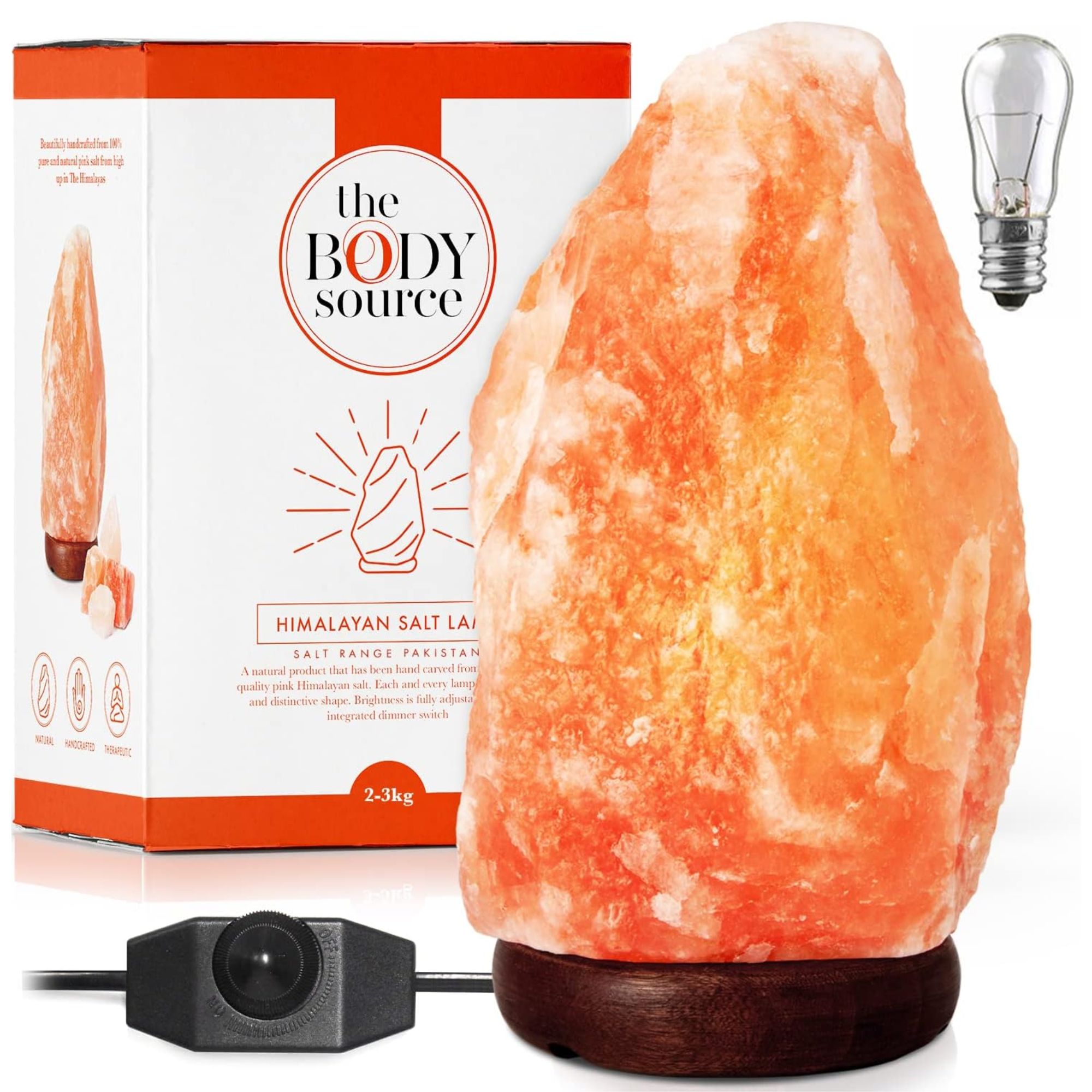 Himalayan salt lamp with red and white packaging cardboard box
