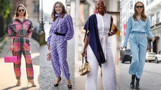 four street style shots of women in jumpsuits