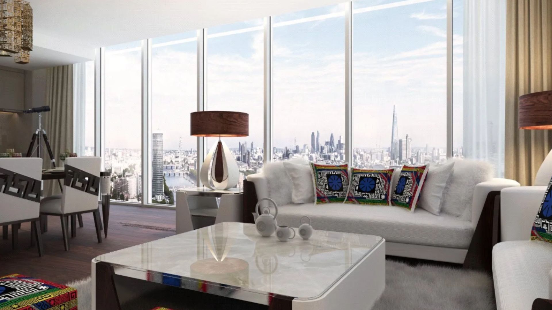 an image of the living room which is attached to the kitchen and has a view over london
