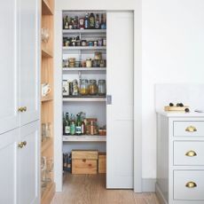 Pantry cupboard in a white painted kitchen