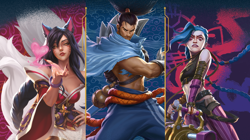 Riftbound characters Yasuo, Jinx, and Ahri reday to fight