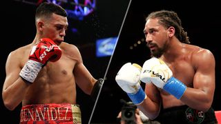 Super Middleweight boxers David Benavidez (left) and Demetrius Andrade (right) put their gloves up ahead of the Benavidez vs Andrade live stream.