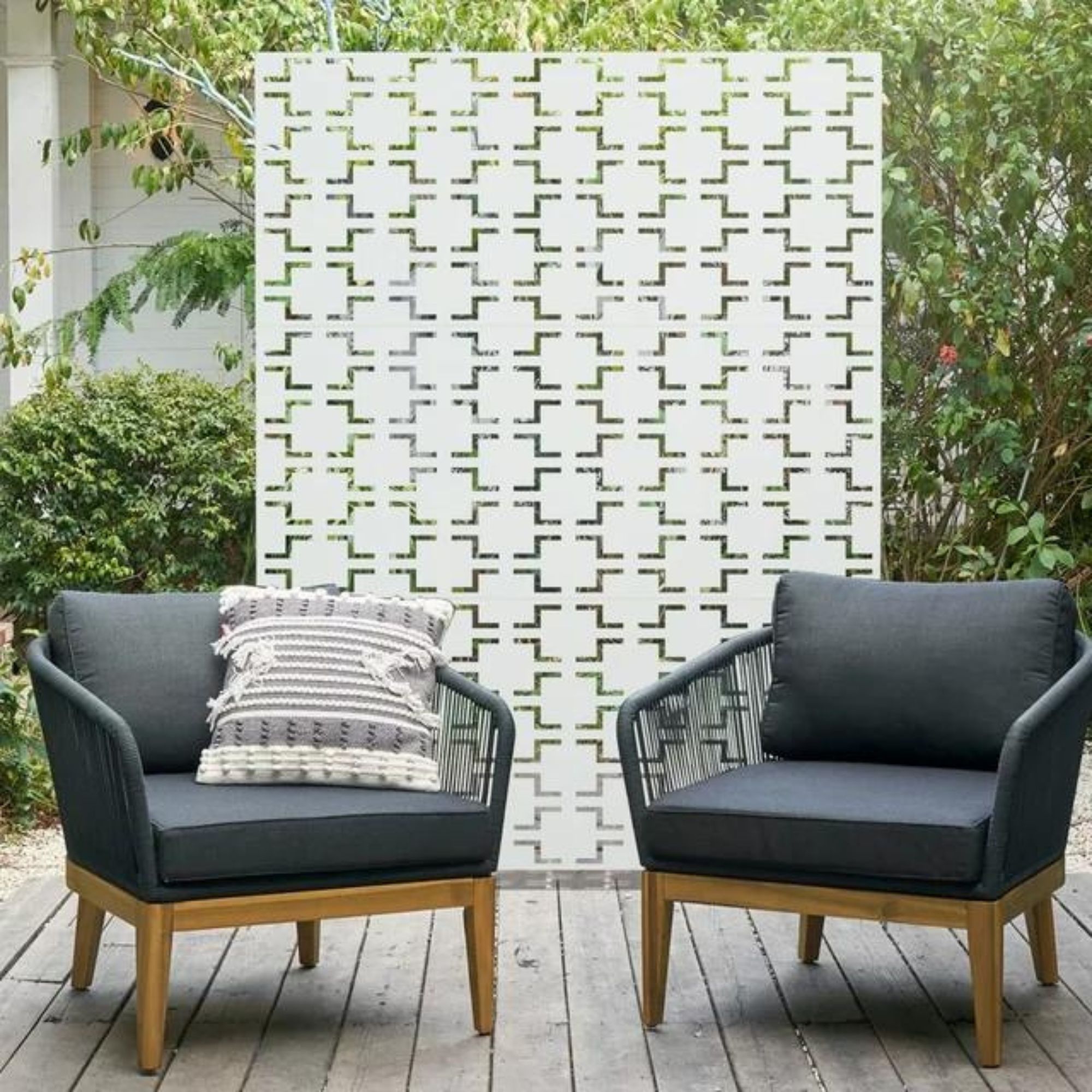 White privacy fence with geometric print
