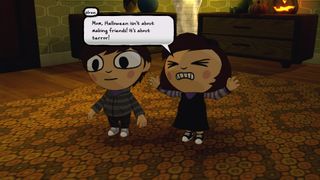 Costume Quest screenshot of Reynold and Wren, the protagonist twins, in the opening scenes of the game.