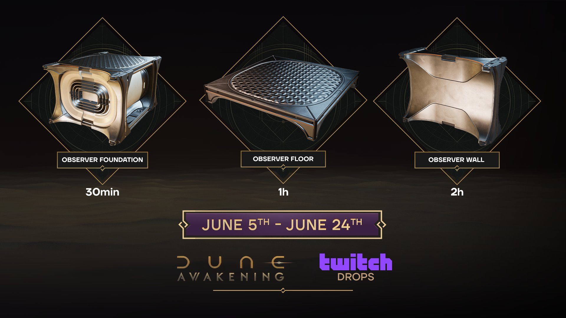 Dune: Awakening Twitch Drops - The first batch of rewards, including three different building items.
