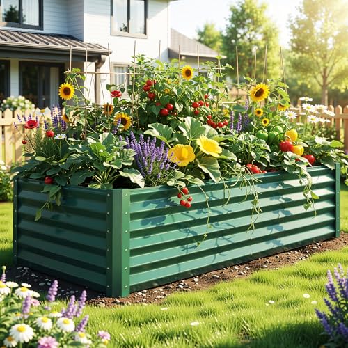 Yitahome 6x3x1.5 Ft Galvanized Raised Garden Bed Kit, Large Metal Planter Box With Gloves &amp;amp; Support Rod, Outdoor Flower Bed for Plants Vegetables, Green
