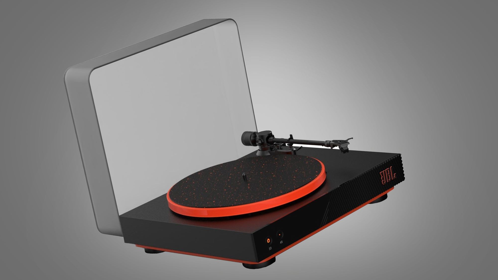 The JBL Spinner BT turntable on a grey background