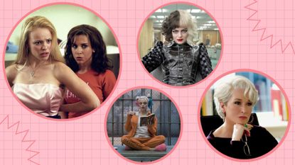 villain movie characters for villain era dating trend; pictured are the mean girls, harley quinn, cruella de ville and miranda priestley