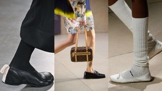 A composite of fall winter shoe trends practical flats on the runway