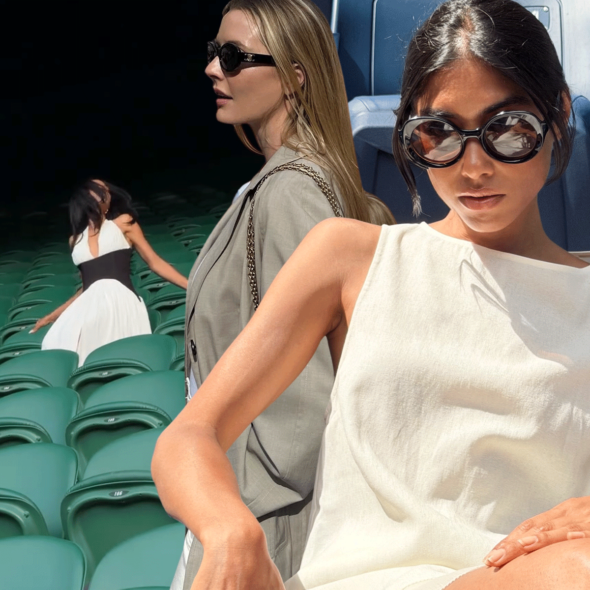 A collage featuring ideas for what to wear to a tennis match, according to creators, WAGs, editors, etc.