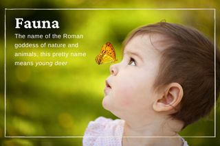 Unique baby names illustrated with an image of a baby girl with a butterfly on her nose and the meaning of the name Fauna