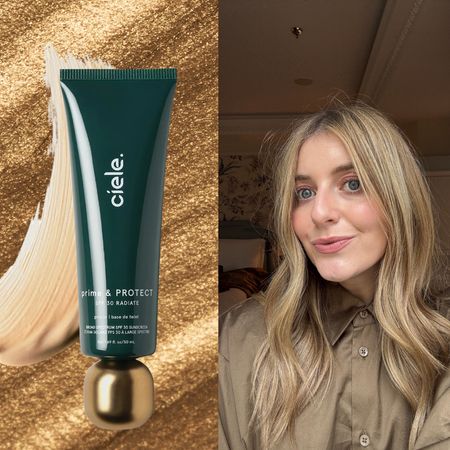 samantha holender on a shimmering gold background next to spfs
