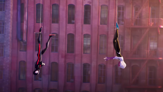 Miles and Gwen swinging in Spider-Man: Across the Spider-Verse.