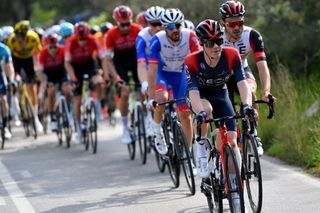 Ben Tulett leads the peloton on the final stage of the Volta ao Algarve