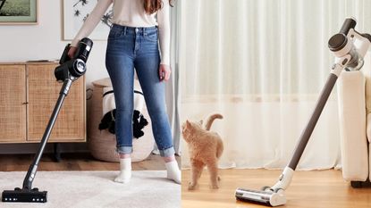 Two of the best vacuum cleaners in lifestyle shots including the Tineco Pure One S12 and the Levoit VortexIQ40 Flex