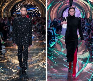 Models wear Eiffel Tower printed shirt and trousers, and black dress with red sock boots