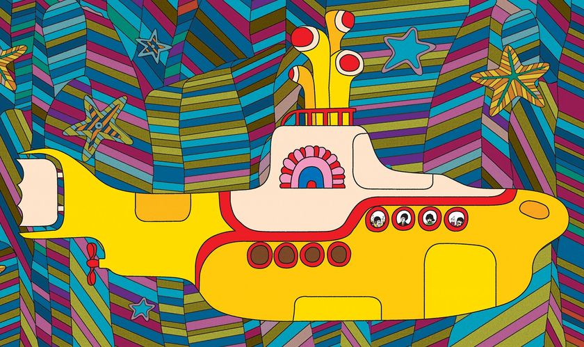 Cartoons of the 1960s; A vibrant illustration of the Yellow Submarine, a psychedelically patterned background surrounds the iconic vessel.