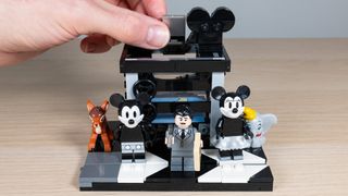 The Lego Disney Walt Disney Tribute Camera. The multi-plane camera side-build, with Walt Disney, Mickey Mouse, Minnie Mouse, Bambi, and Dumbo Minifigures