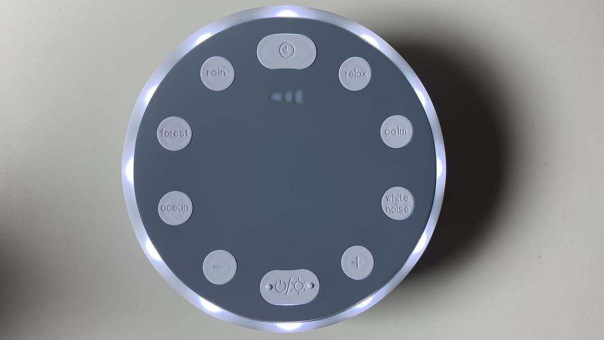 The Groov-e Serenity sleep aid sound machine with the light on during the day