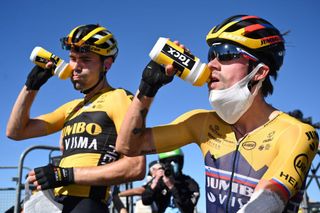 Team Jumbo rider Netherlands Tom Dumoulin L and Team Jumbo rider Slovenias Primoz Roglic drink after the 6th stage of the 107th edition of the Tour de France cycling race 191 km between Le Teil and Mont Aigoual on September 3 2020 Photo by Stuart Franklin POOL AFP Photo by STUART FRANKLINPOOLAFP via Getty Images