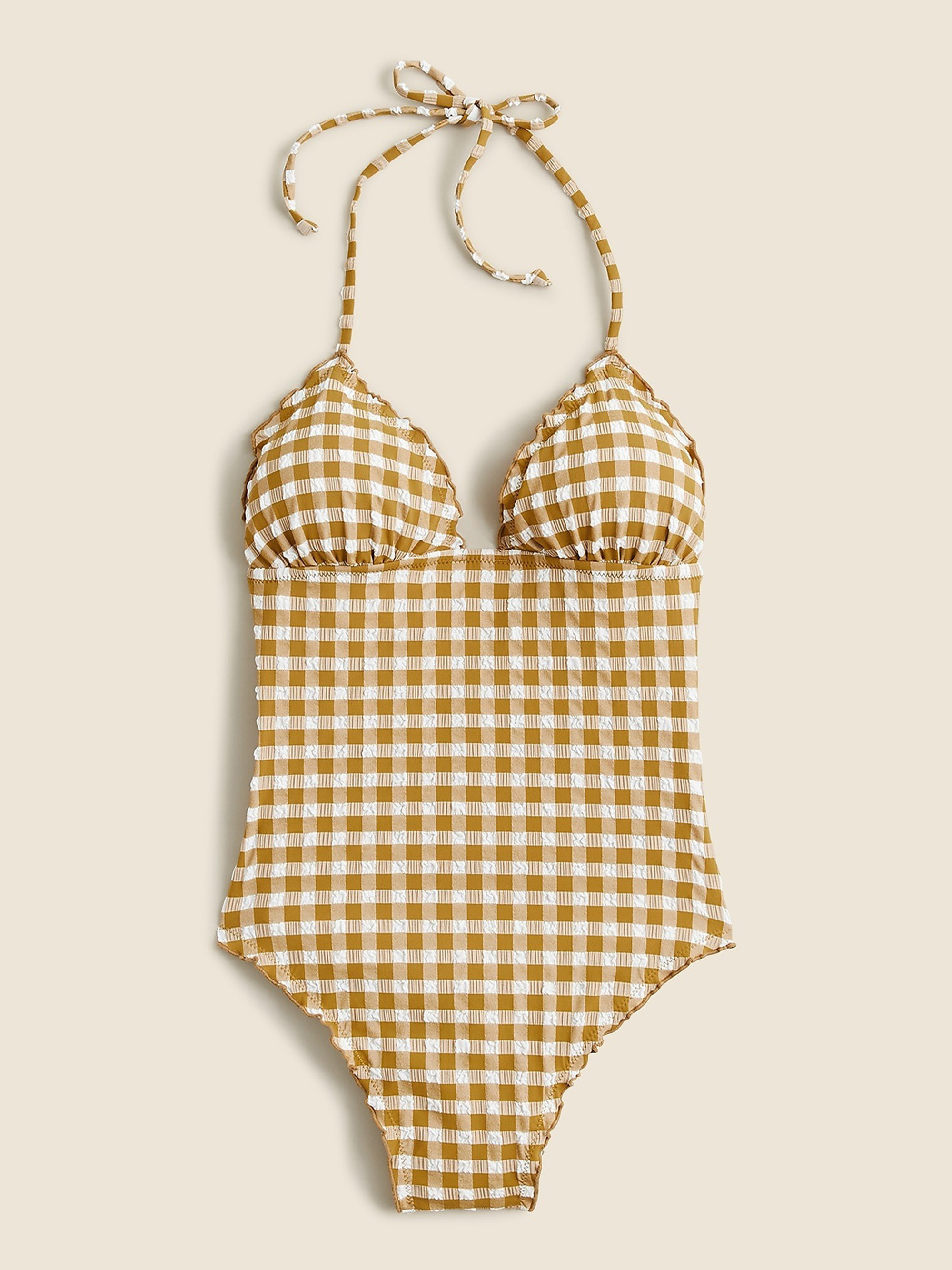 Ruched Plunge One-Piece Swimsuit in Gingham