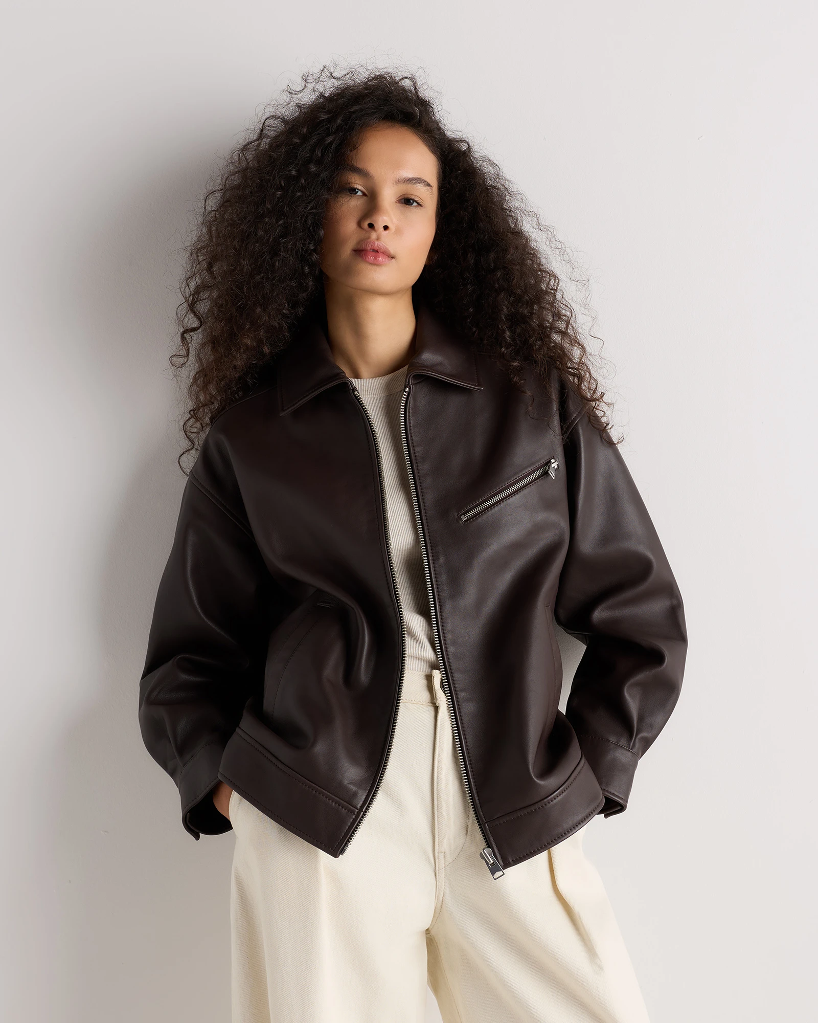100% Leather Oversized Bomber Jacket in Rich Brown