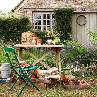 vintage garden with pot table and chair