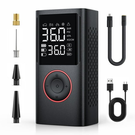 Vaclife Cordless Tire Inflator Portable Air Compressor with different nozzles and cables against white background.