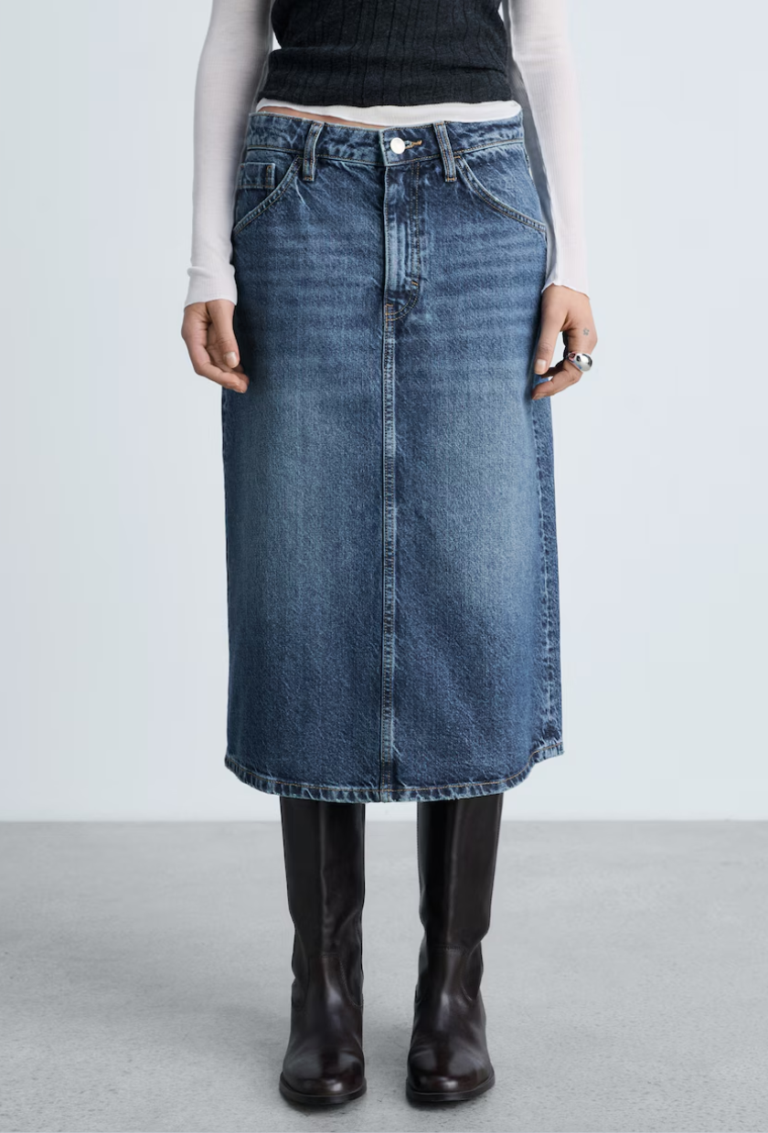 An image of a denim midi skirt from Mango.