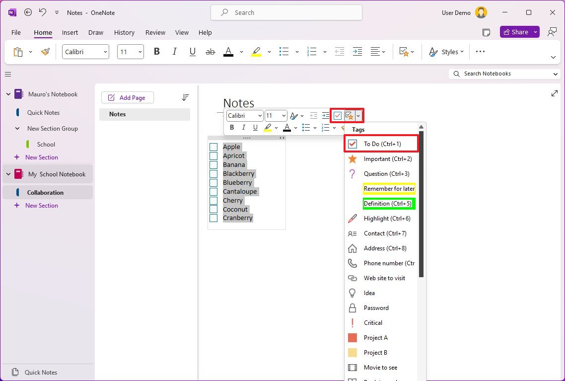 OneNote создать список