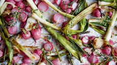 Roasted radishes and scallions overhead shot