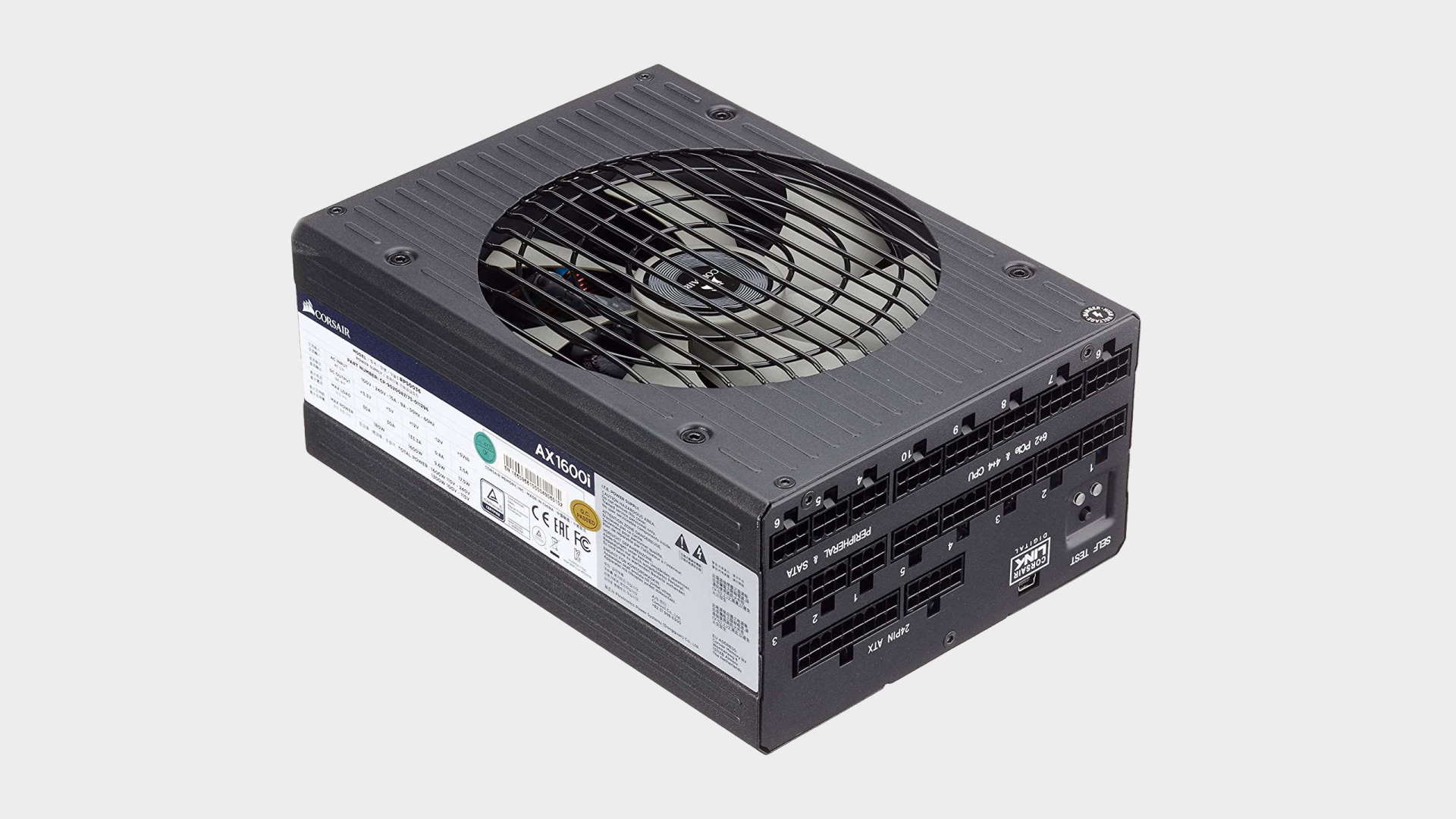 Image of the Corsair AX1600i power supply on a grey background.