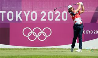 Tommy Fleetwood hits a tee shot at the Tokyo 2020 Olympics