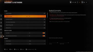 Screenshots from a Ranked Play lobby in Call of Duty: Black Ops 6 showing the menu to disable for Ranked Crossplay.