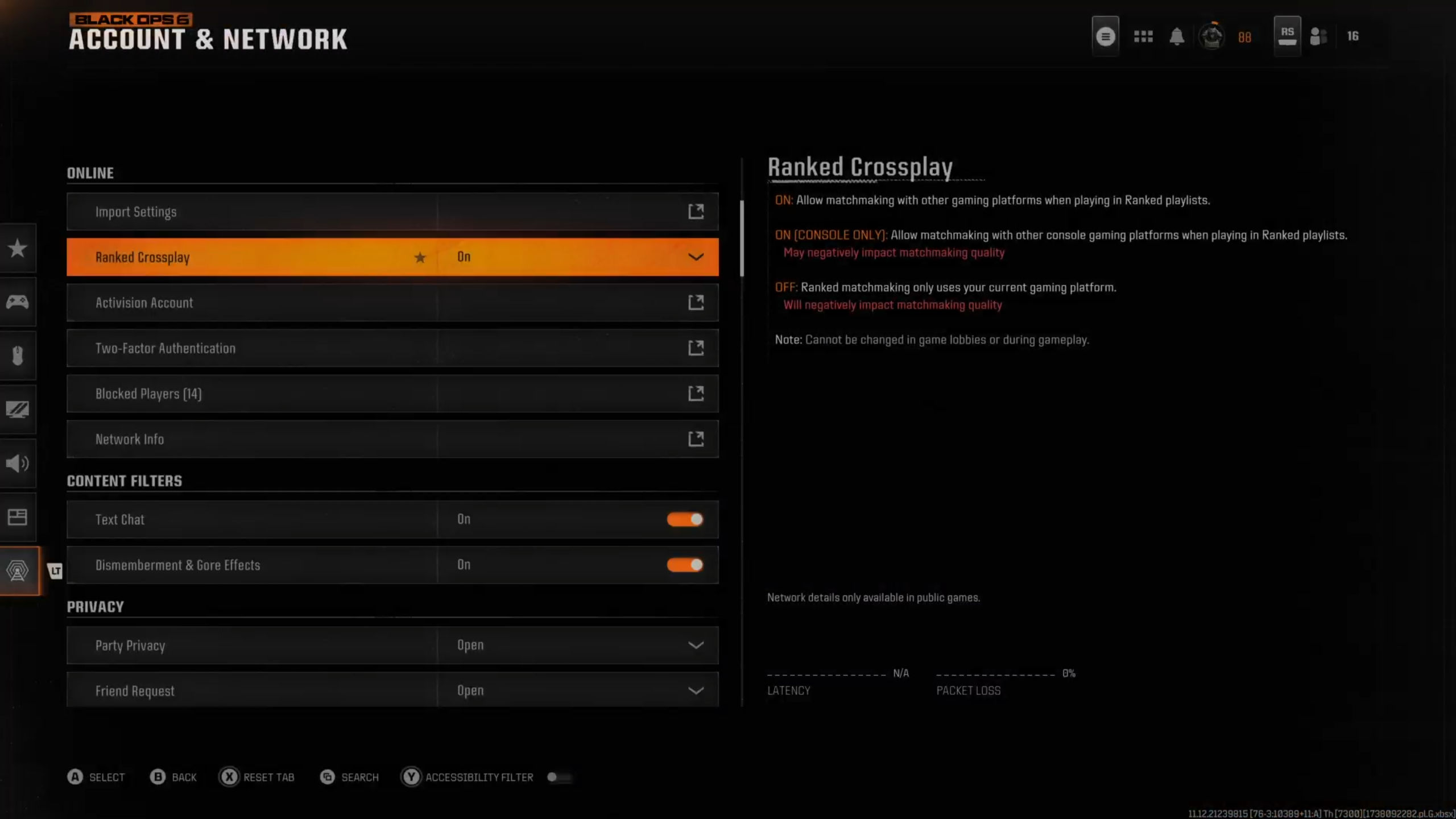 Screenshots from a Ranked Play lobby in Call of Duty: Black Ops 6 showing the menu to disable for Ranked Crossplay.