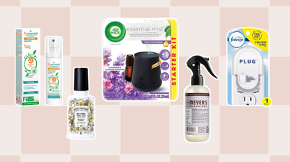 Best air fresheners on checkerboard background with plugs, sprays, essential oil diffusers and more