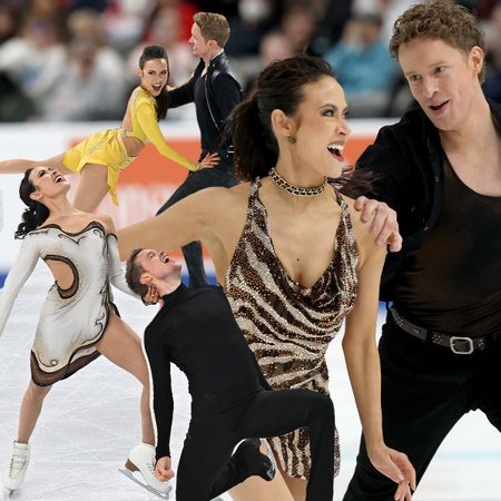 A collage of photos of Evan Bates and Madison Chock's ice dance costumes in the 2024, 2025, and 2026 figure skating seasons.