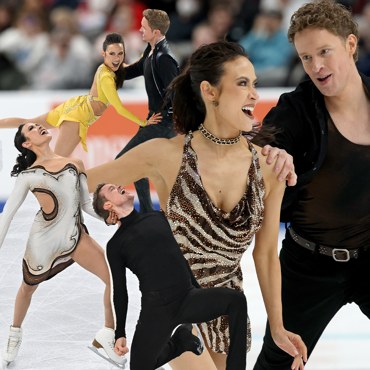 A collage of photos of Evan Bates and Madison Chock's ice dance costumes in the 2024, 2025, and 2026 figure skating seasons.