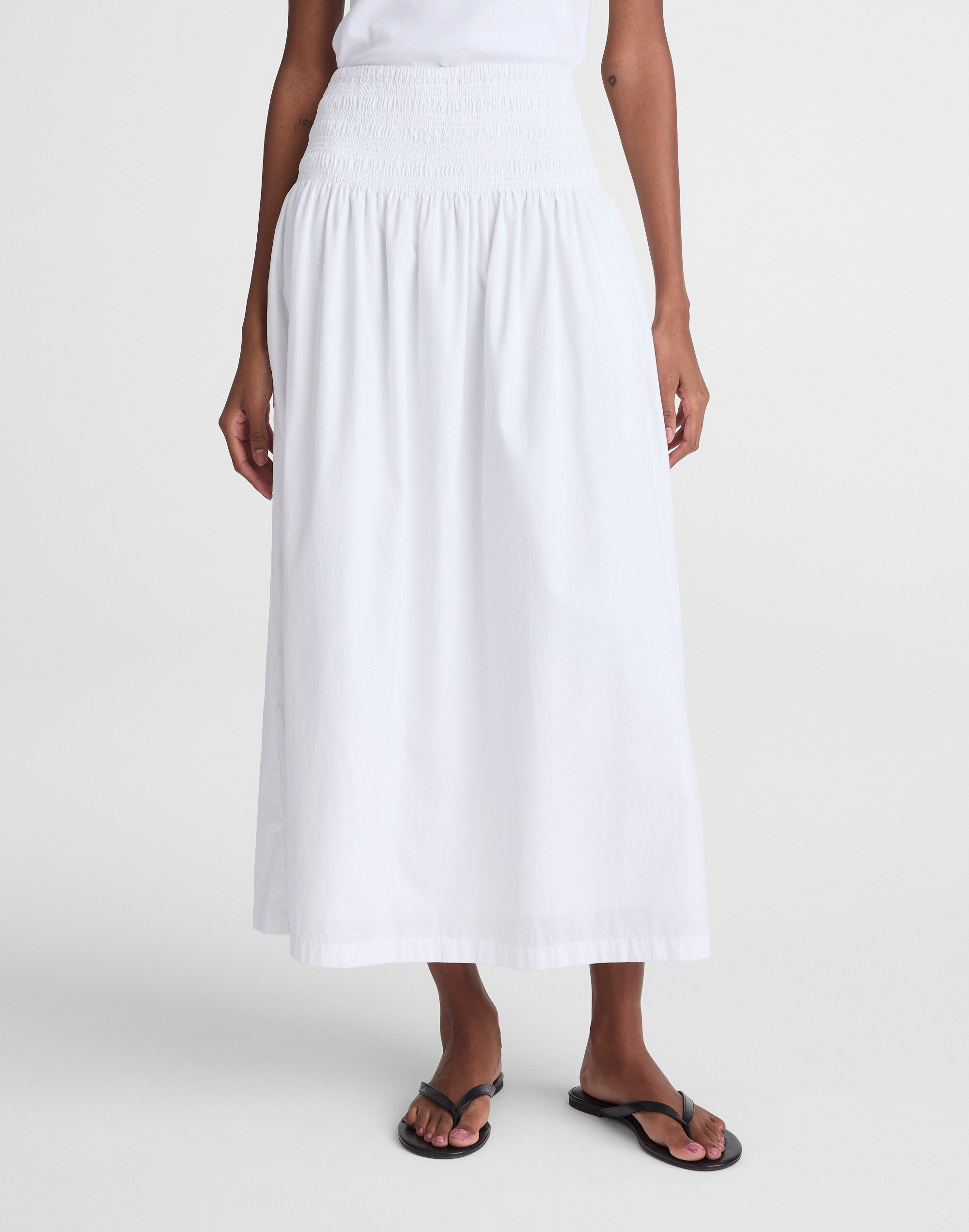 Smocked-Waist Poplin Midi Skirt