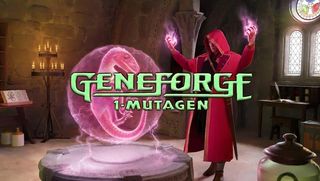 Title screen of Geneforge 1 - Mutagen, showing a wizard and a magic orb
