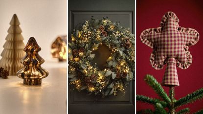 picture of tree decoration, light up wreath and gingham tree topper