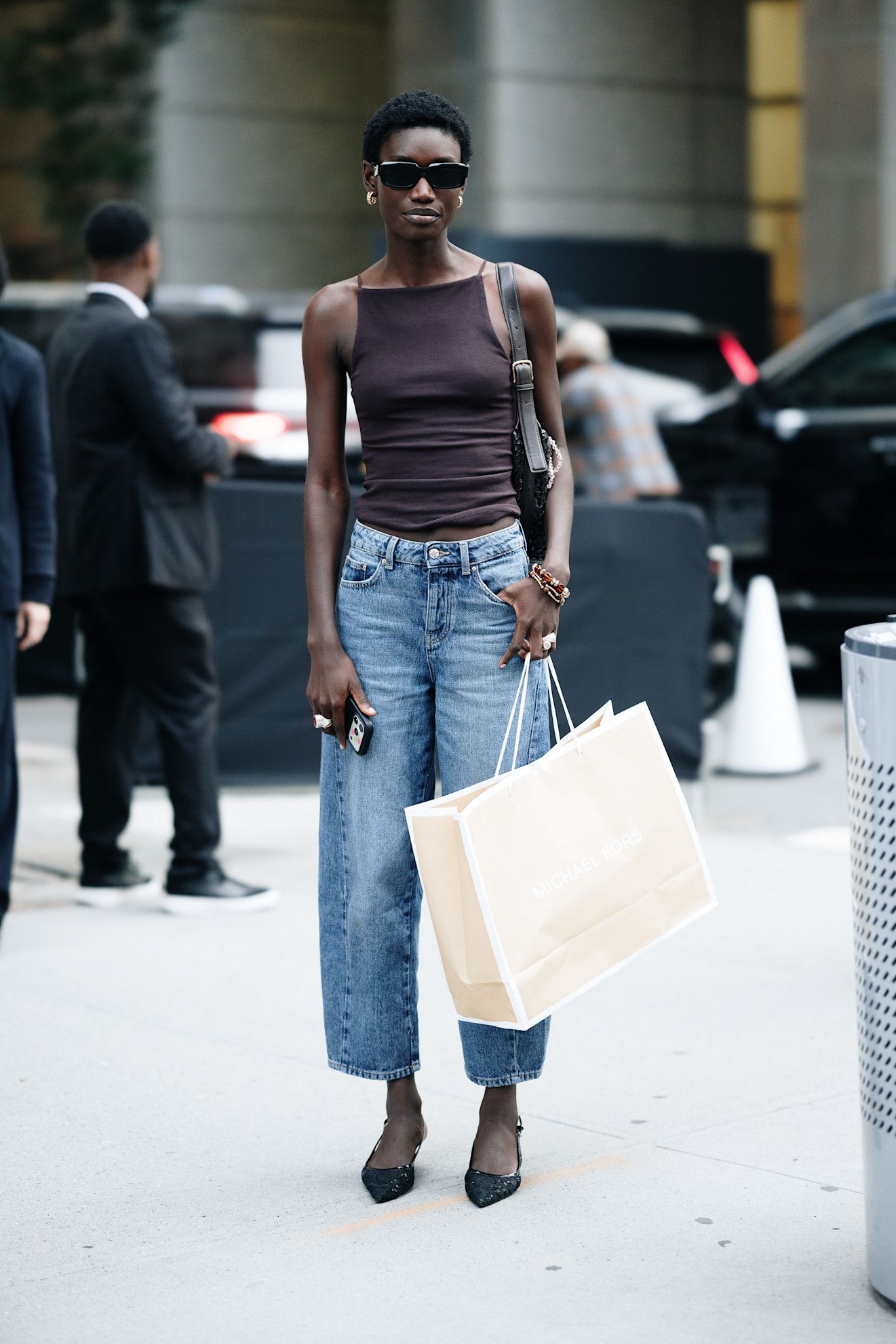 tank top, jeans, and heels