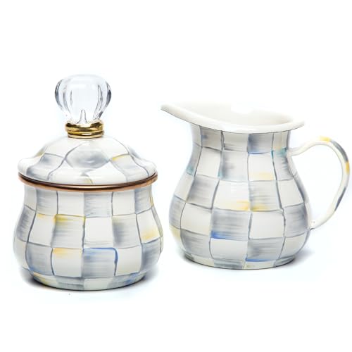 Mackenzie-Childs Enamel Creamer and Sugar-Bowl Set, Cream Dispenser and Sugar Holder, Unique Kitchen Decor, Gray-And-White Sterling Check