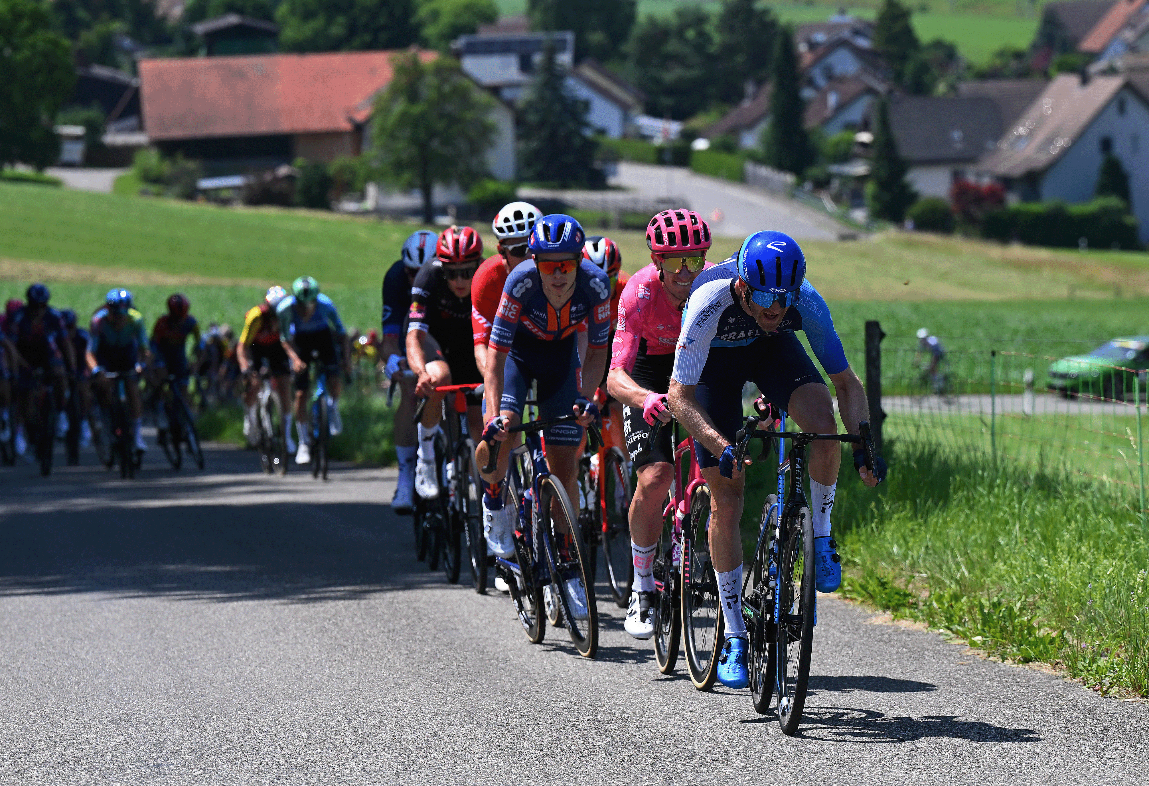HEIDEN, SWITZERLAND - JUNE 17: (L-R) Harry Sweeny of Australia and Team EF Education - EasyPost and Hugo Houle of Canada and Team Israel - Premier Tech compete during the 88th Tour de Suisse, Stage 3 a 195.6km stage from Aarau to Heiden 809m / #UCIWT / on June 17, 2025 in Heiden, Switzerland. (Photo by Tim de Waele/Getty Images)
