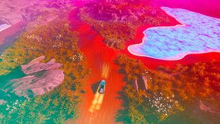 A red-and-blue tinged alien desert landscape with a vehicle racing through, in an isometric view, from game ADRIFT