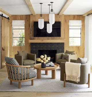 a timber clad living room with barn doors