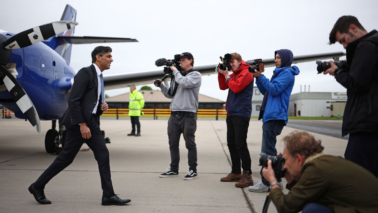 Britain&#039;s Prime Minister and Conservative Party leader Rishi Sunak disembarks from his plane at Inverness Airport