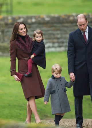 Prince William, Duke of Cambridge, Catherine, Duchess of Cambridge, Prince George of Cambridge and Princess Charlotte of Cambridge attend Church on Christmas Day on December 25, 2016 in Bucklebury, Berkshire