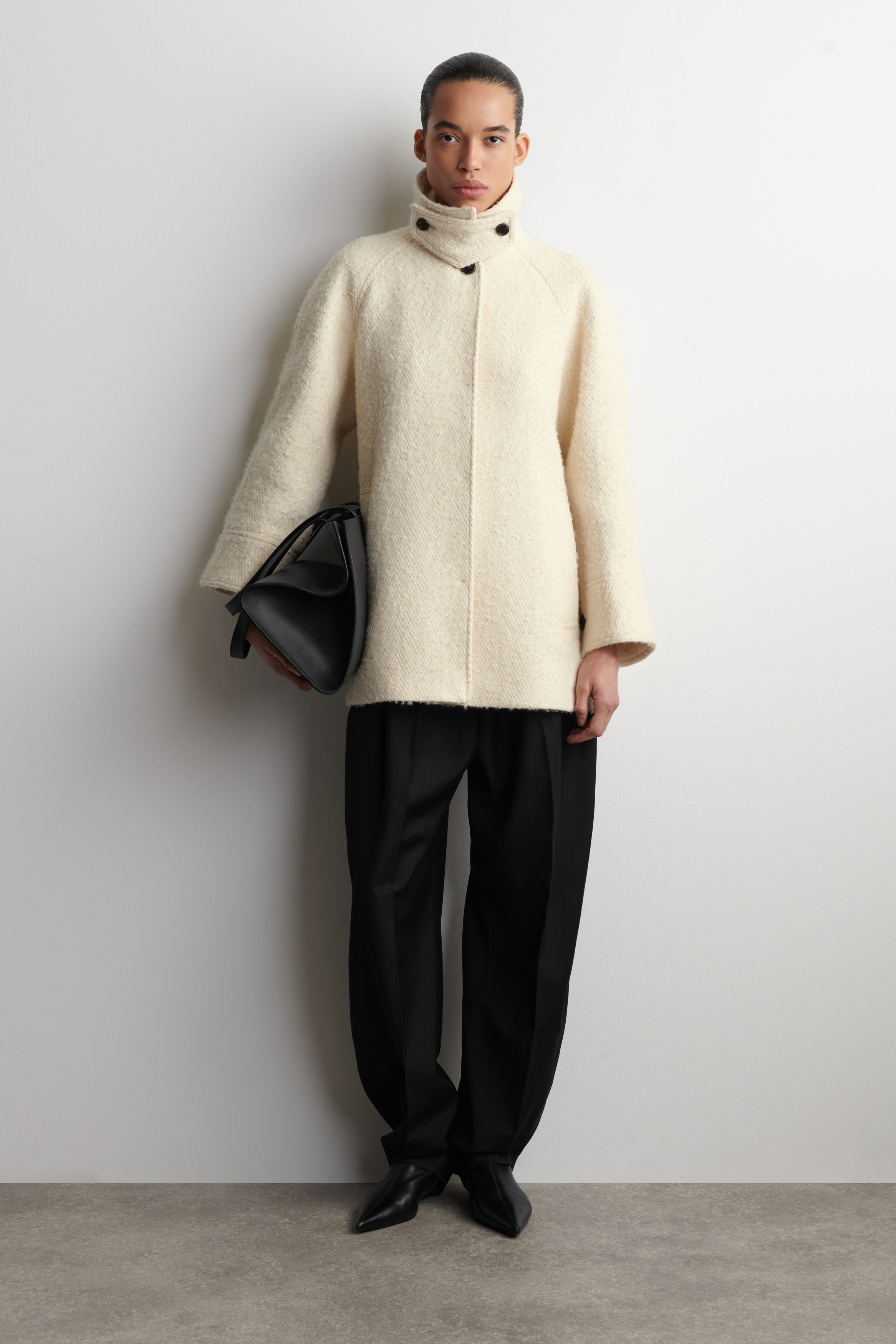 Funnel-Neck Wool-Herringbone Short Coat